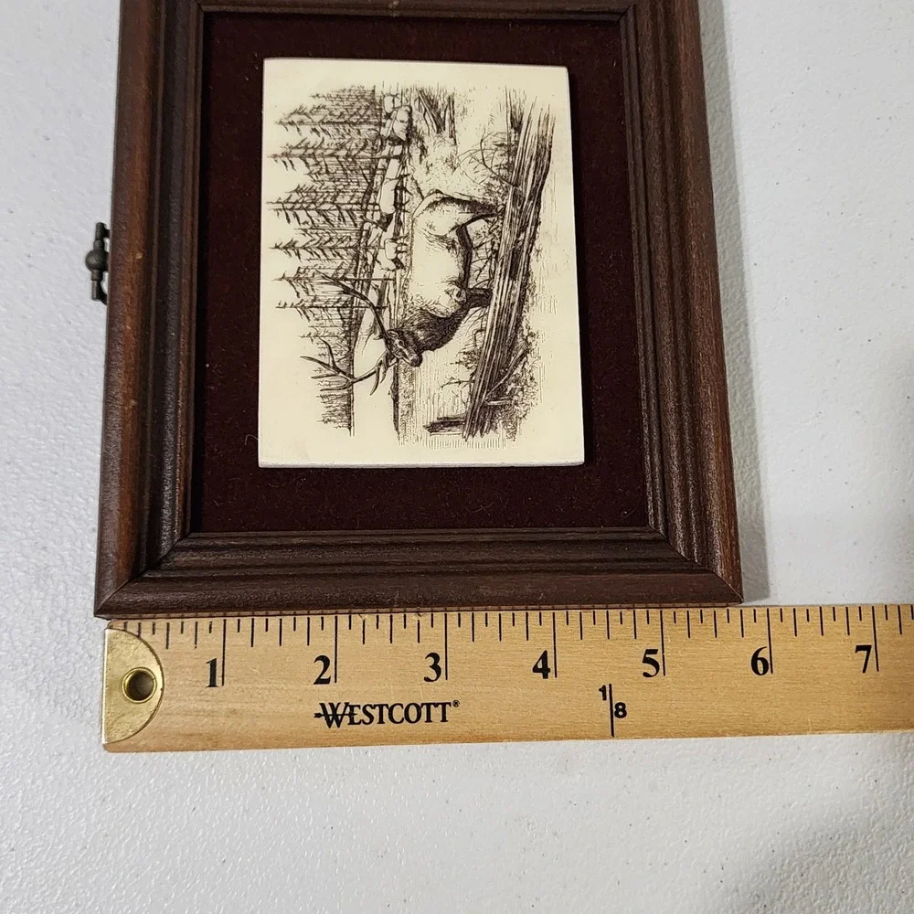 Vintage Framed Scrimshaw Style Elk Wilderness Art Rustic Cabin Decor 7x6